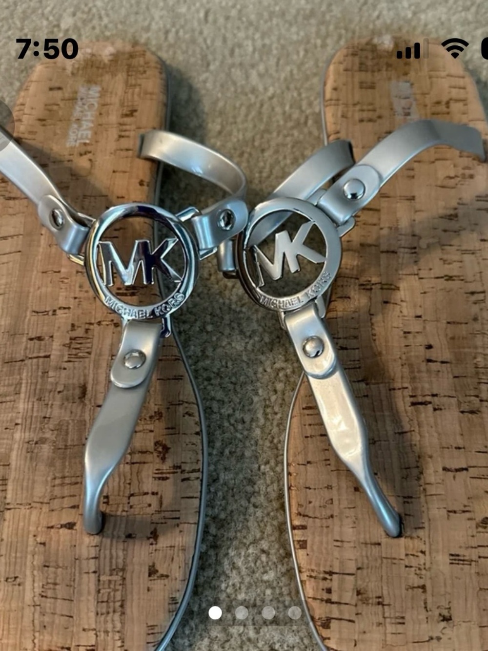 Michael Kors Silver Metallic MK Logo Cork Wedge Sandals